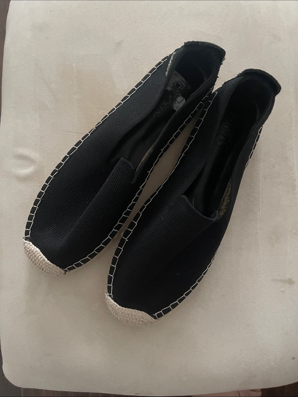 DKNY Black Espadrille Slip-On Flats with Cream Toe